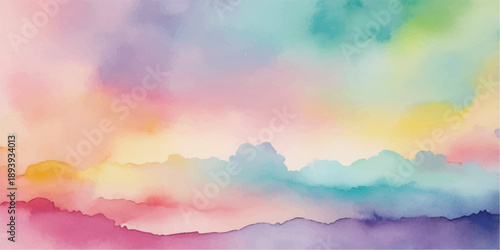 Abstract colorful watercolor sky with clouds at sunset