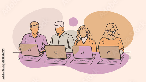A group of diverse professionals working together on laptops at a shared desk isolated on transparent background, Vector
