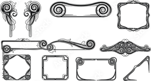 Vintage decorative frame set, elegant border ornament collection, classic swirl design, retro line art, decorative vector elements, antique decoration style