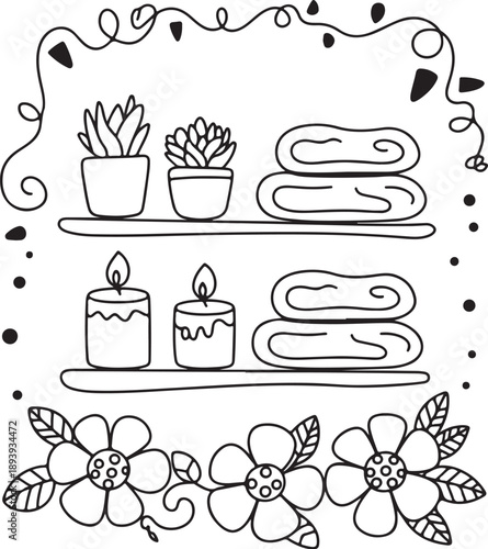Hand drawn cactus candles and flowers coloring page vector illustration black and white line art