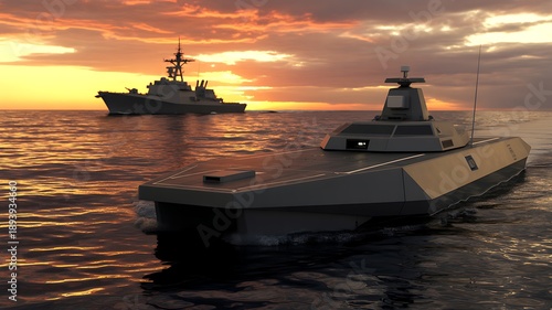 Advanced unmanned surface vessel (USV) at sea with a warship at sunset.