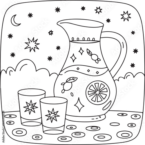 Winter water pitcher and glasses coloring page vector illustration, festive holiday drink set flat design