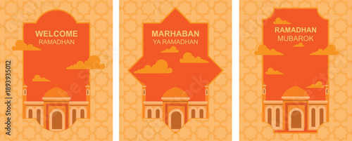 Minimalist Ramadan illustration featuring Islamic elements, mosque silhouettes. Suitable for banners, social media, posters, and festive backgrounds.
