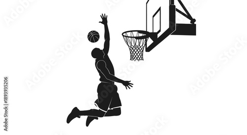 Energetic Basketball Player Silhouette Dunking Ball into Hoop on Isolated White Background