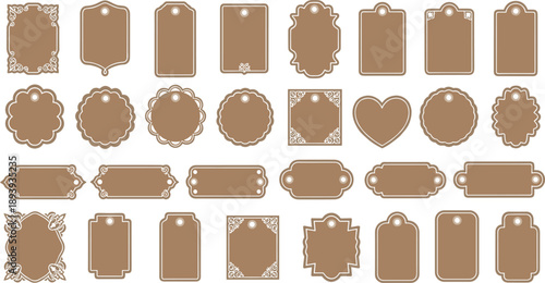 Vintage blank tag collection with decorative label shapes, kraft paper style templates, gift tag designs, retro frames, editable vector tag elements