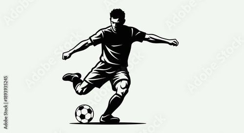 Determined Soccer Player Silhouette Kicking Ball with Power on Isolated White Background
