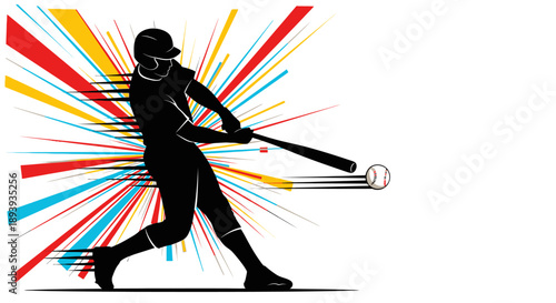 Dynamic Baseball Player Silhouette Hitting Ball with Colorful Speed Lines on Isolated White Background