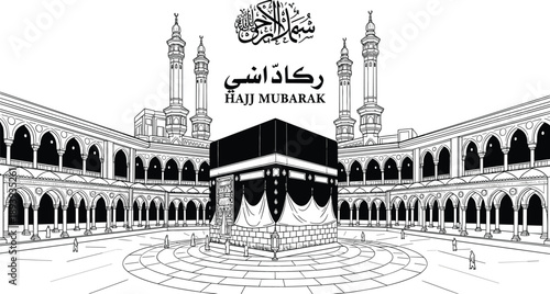 Hajj Mubarak greeting with detailed line art illustration of the Kaaba in Mecca and Masjid al Haram mosque, vector
