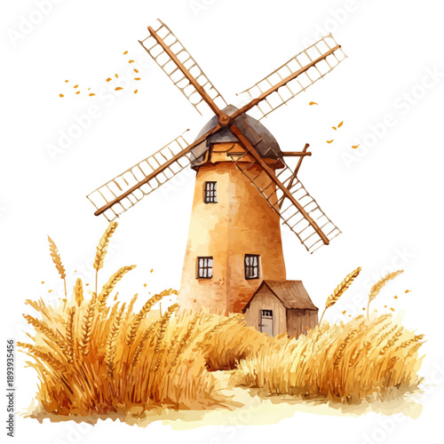 Photography Windmill Surrounded By Fields Of Golden Grain, high quality watercolor, isolated on a white background, vibrant details