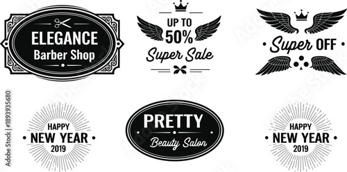 Vintage black and white label collection, barber shop logo, beauty salon emblem, sale badge, and new year typography design