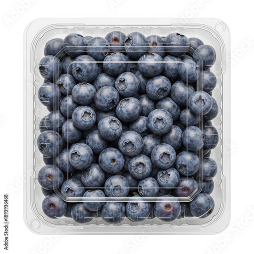 A full plastic clamshell container brimming with fresh ripe blueberries perfect for use in design on transparent background