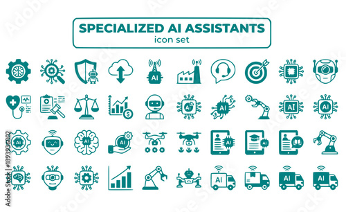 Specialized AI Assistants Domain-Specific Expert Systems Vertical Industry Niche Purpose-Built Technology Focused Vector Icon Set - Expert AI