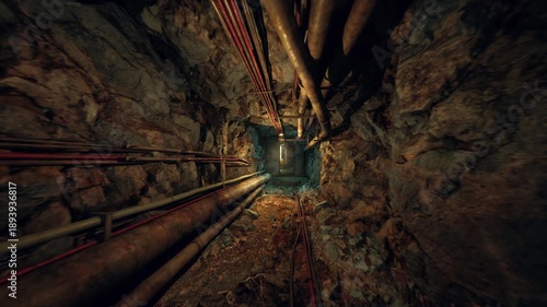 vertical mine shaft descent with tangled cables and rusted pipes, rough rock walls and diminishing light, dizzying perspective suggests depth and drop, hoist