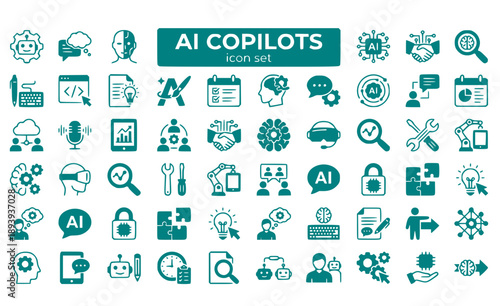 AI Copilots Assistant Collaborative Productivity Coding Writing Design Human-AI Partnership Augmented Intelligence Vector Icon Set - AI Assistant