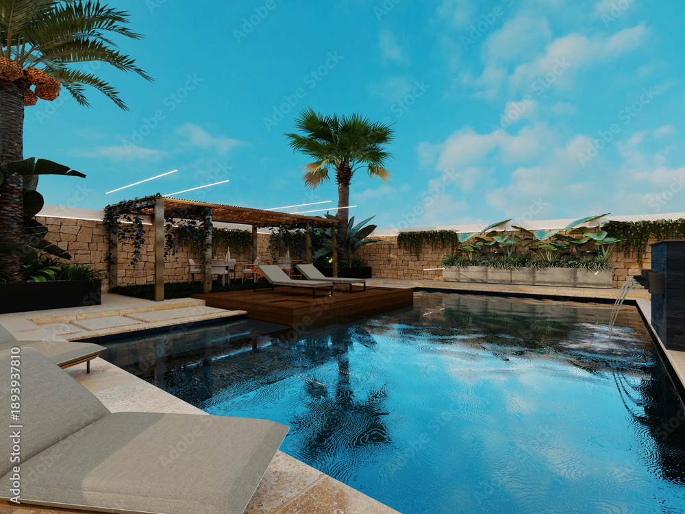 Fototapeta premium finca de hotel rural con piscina y zona de eventos . villa de lujo . hotel de playa 