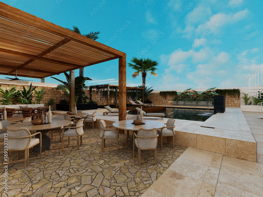Fototapeta premium finca de hotel rural con piscina y zona de eventos . villa de lujo . hotel de playa 