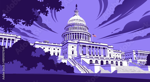 Stylized vector illustration depicting a prominent governmental edifice with a majestic dome and grand staircase under a dynamic purple sky, ready for editable graphic use