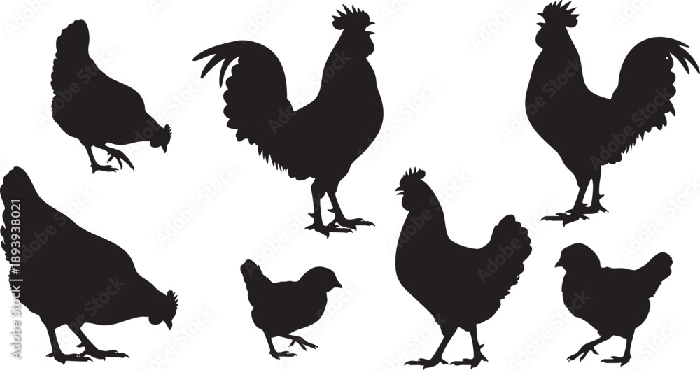 Obraz premium Black silhouettes of chickens and roosters on white background 1