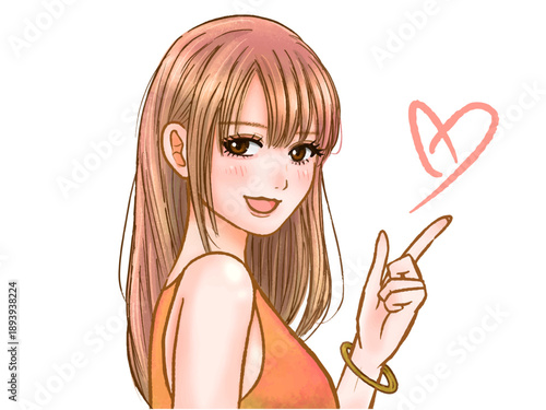 指示するロングヘアーの美人なお姉さんのイラスト素材
