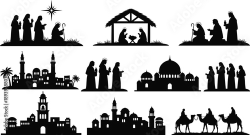 Nativity silhouette collection featuring Bethlehem cityscapes, stable birth scene, three wise men, praying figures, and desert camel caravan for religious Christmas holiday designs.