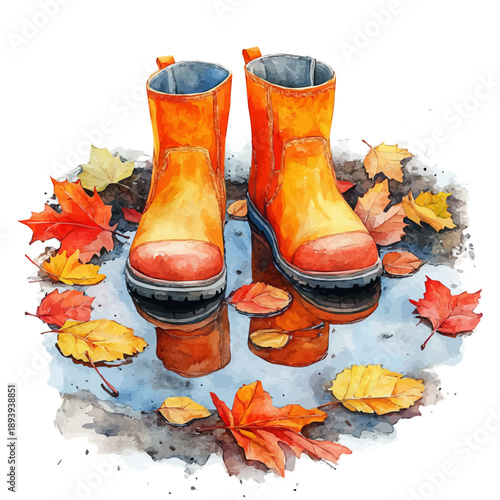 A Pair Of Autumn Boots In A Puddle Of Leaves, vibrant watercolor vector, isolated on a white background, high quality and detailed design.