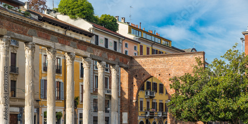 Milan, Italy. Columns of San Lorenzo, Ancient Roman Ruins in central Milan in front of Basilica of San Lorenzo Maggiore 