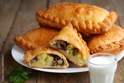 Fried pies and pies served as street food snack. Fast food and street cuisine concept.
