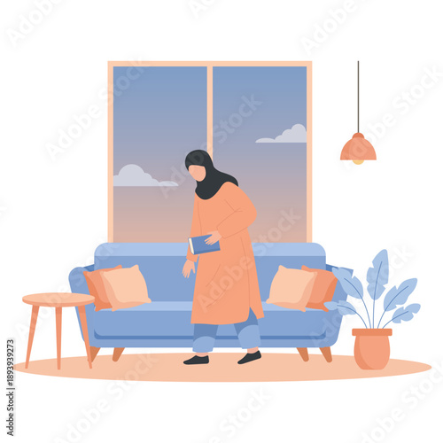 A minimalist illustration showing a Muslim woman organizing and tidying up the living room. The sofa, window, and decorative plants highlight a comfortable and serene home environment