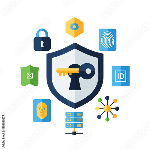 Digital security shield with key icon.