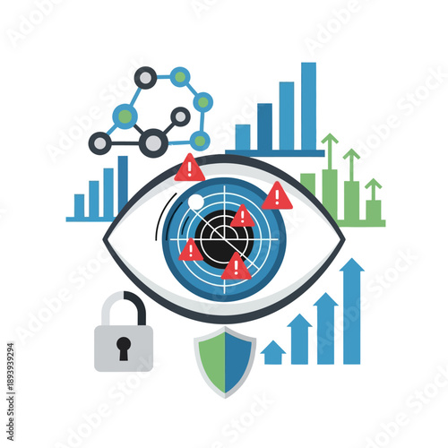 Eye with security threat warning signs.