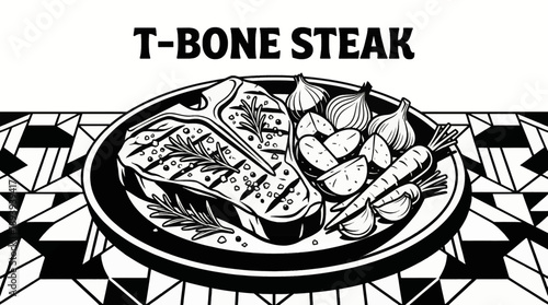 T bone steak accompanied by roasted vegetables and seasoning toppings black and white vector illustration, ideal for restaurant advertising and culinary packaging visuals