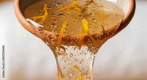 Close up of dripping skincare oil with yellow flower petals from spoon. Cosmetic serum texture with bubbles. Natural beauty product with calendula extract for anti aging treatment