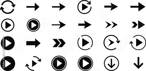 Set of black multimedia play buttons and arrow silhouettes, video player interface icons, navigation symbols isolated on white background for digital web design.