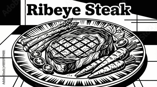 ribeye steak served with grilled vegetables including asparagus, carrots, and cherry tomatoes , featuring rich grill textures and topping details suitable for steakhouse menus and food branding.