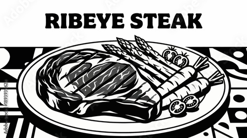 ribeye steak served with grilled vegetables including asparagus, carrots, and cherry tomatoes , featuring rich grill textures and topping details suitable for steakhouse menus and food branding.