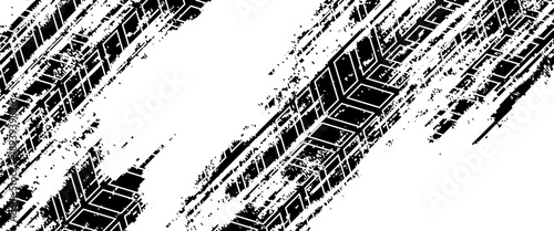 Grunge tire track, wheel braking marks. Truck, car or motorcycle tread pattern silhouette. Auto race, motorsport, speed racing design element. Vector illustration