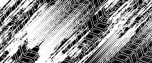 Grunge tire track, wheel braking marks. Truck, car or motorcycle tread pattern silhouette. Auto race, motorsport, speed racing design element. Vector illustration