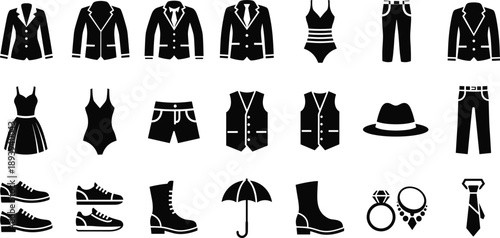 Set of fashion clothing and accessory vector icons, apparel symbols for e-commerce website, men and women outfit silhouettes for retail store interface.
