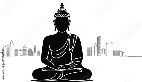 An ancient gold Buddha statue vector illustration depicting a peaceful sitting silhouette for Zen meditation, yoga, and spiritual Asian culture