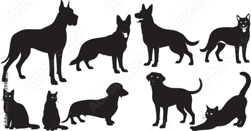Black silhouettes of dogs and cats animal