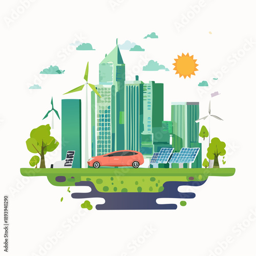 Sustainable eco-city with electric cars, solar panels, wind turbines, and green energy system