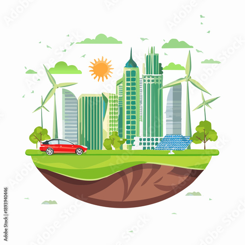 Sustainable eco-city with electric cars, solar panels, wind turbines, and green energy system