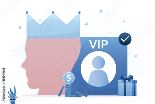Customer uses privileged services. Human head silhouette in crown, client with membership in VIP luxury club, star lifestyle. VIP account with bonuses and money.