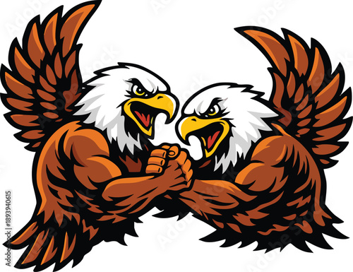 Twin Eagle Arm Wrestling Mascot Vector Illustration, Powerful Rival Birds in Strength Competition, Sports Logo Design Isolated on White Background