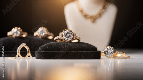 luxury jewelry store display and diamond engagement ring in center and gold band with small diamonds
