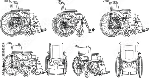 Manual Wheelchair Vector Line Art Set with Different Angles for Medical Equipment Diagrams Accessibility Symbols Disability Awareness and Healthcare Design