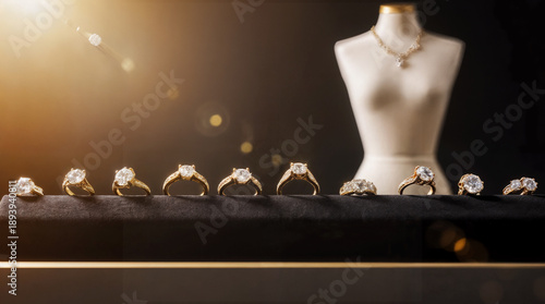 luxury jewelry store display and diamond engagement ring in center and gold band with small diamonds
