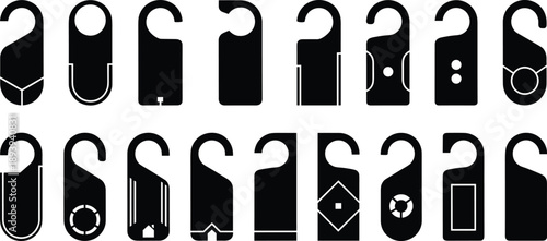 Set of hotel door hanger vector silhouettes for hospitality branding, room service privacy tags, do not disturb signs for lodge travel icons, isolated.