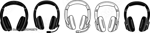 Set of modern headphone and gaming headset vector icons with microphone, black silhouette and line art illustrations for music, podcast, and communication design