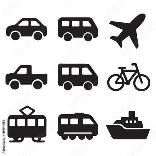 Transport icon set, vehicle icons containing car, bike, plane, train, bicycle, motorbike, bus vector silhouette 